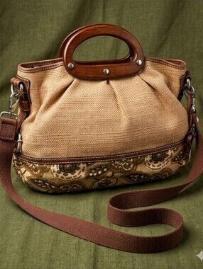 🌼Fossil Large Woven Handbag With Shoulder Strap.  Browns & Tan.  Floral motif
